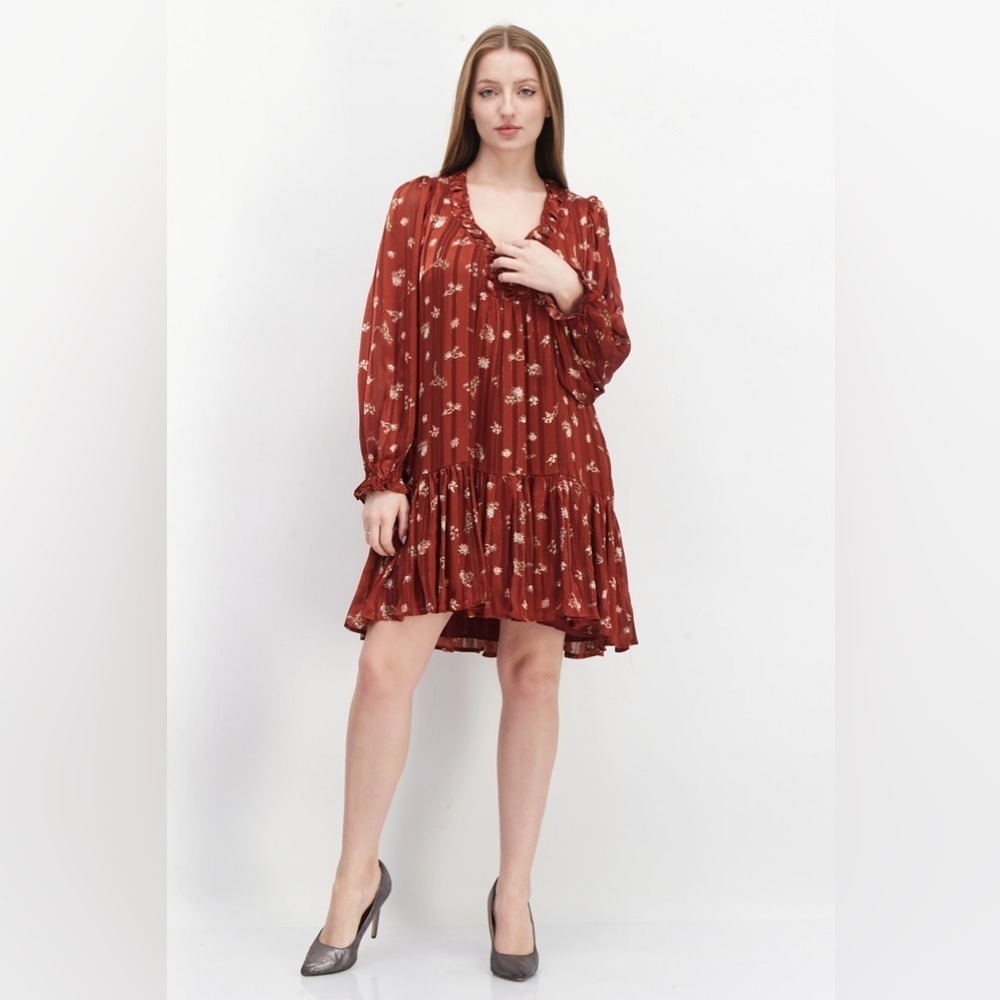 En Saison Long Sleeve Floral Printed Drop Waist Mini Dress Bump Friendly - Picture 4 of 6
